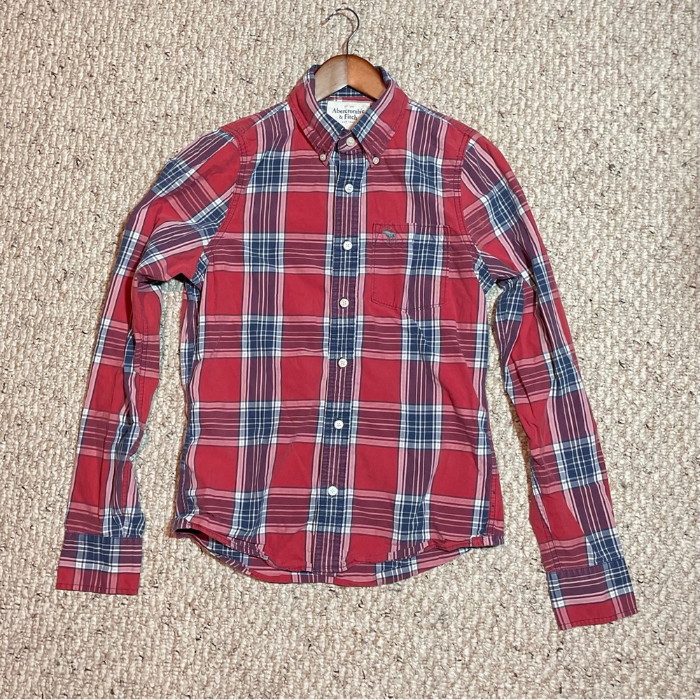 Abercrombie & Fitch Muscle Fit Button Up Red Shirt Plaid Long Sleeves Men's M
